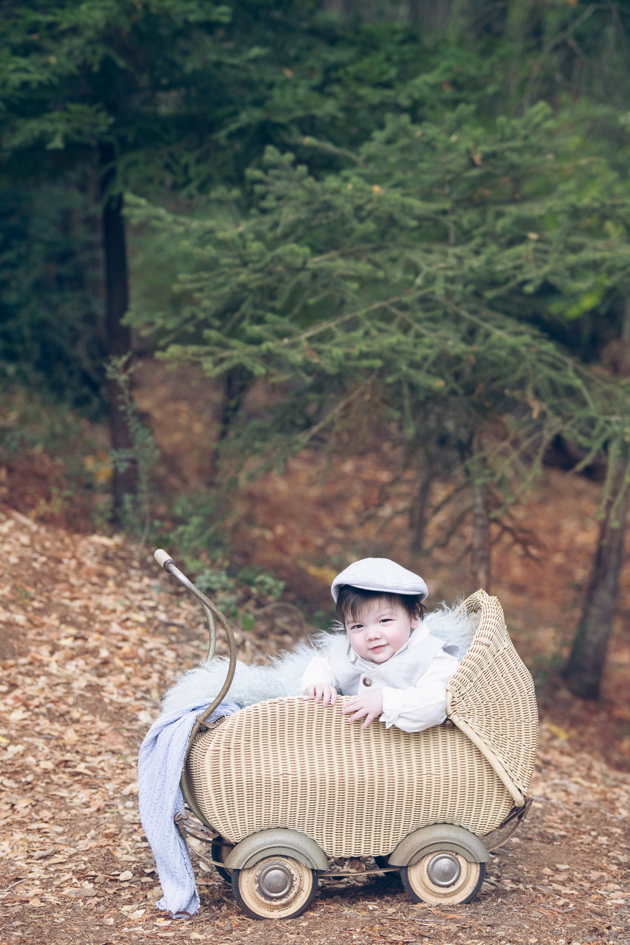 Baby boy wearing light blue hat resting on old fashion decorative stroller outdoors during fall season.