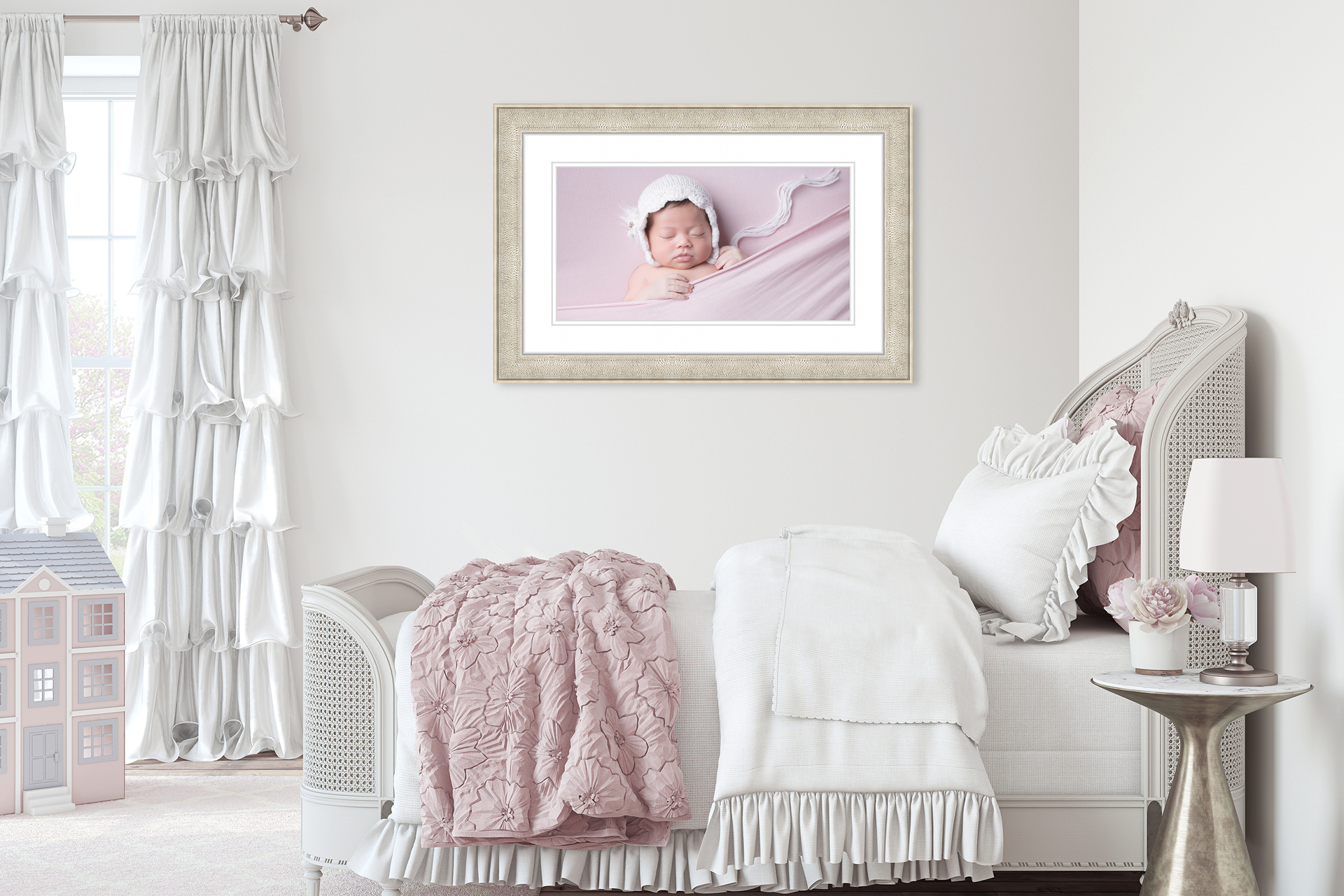 Bedroom showing a big print on the wall