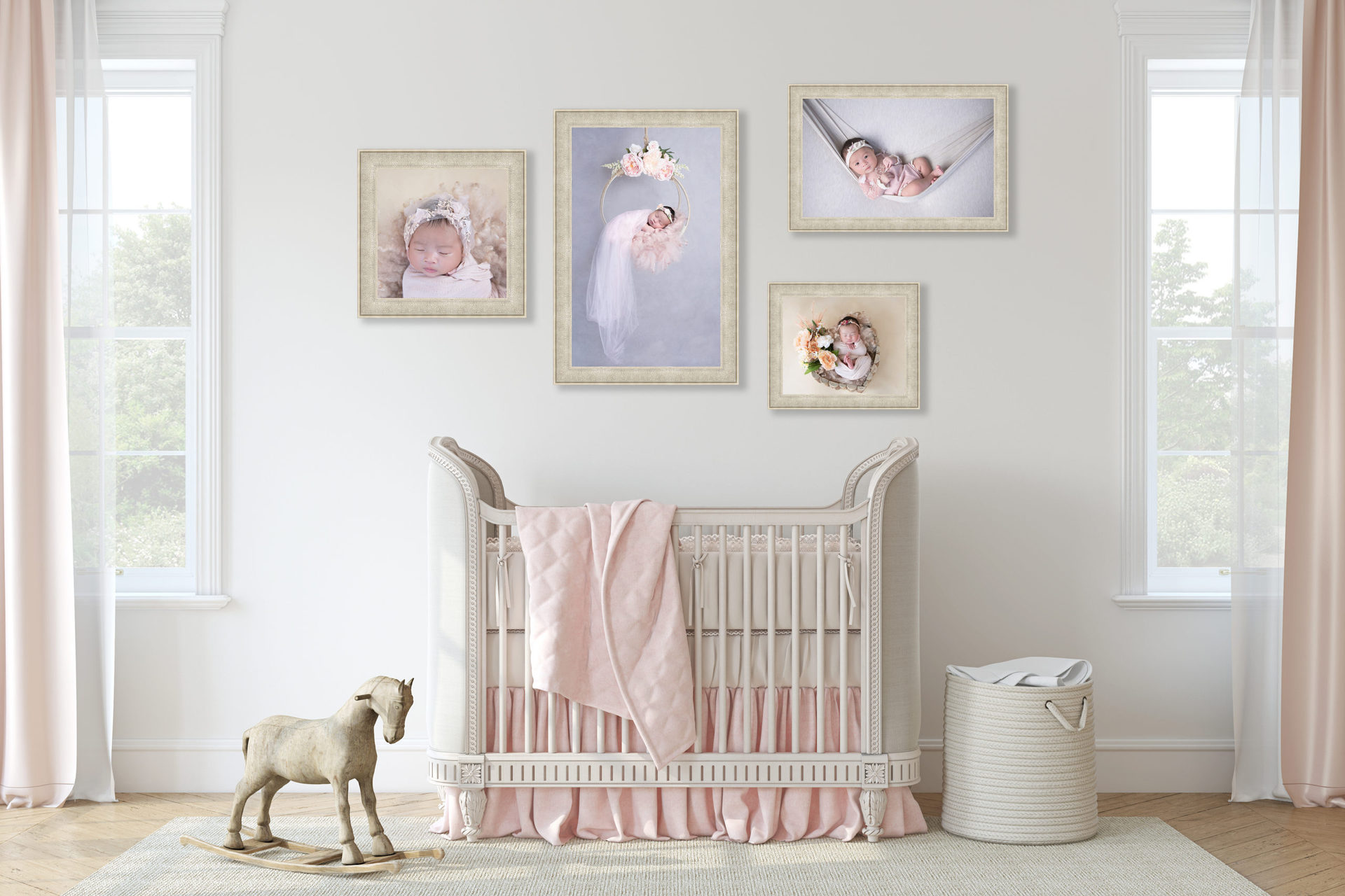 nursery-room-final-products.jpg Baby bedroom showing four pieces of wall art images taken at Gaby Clark Photography