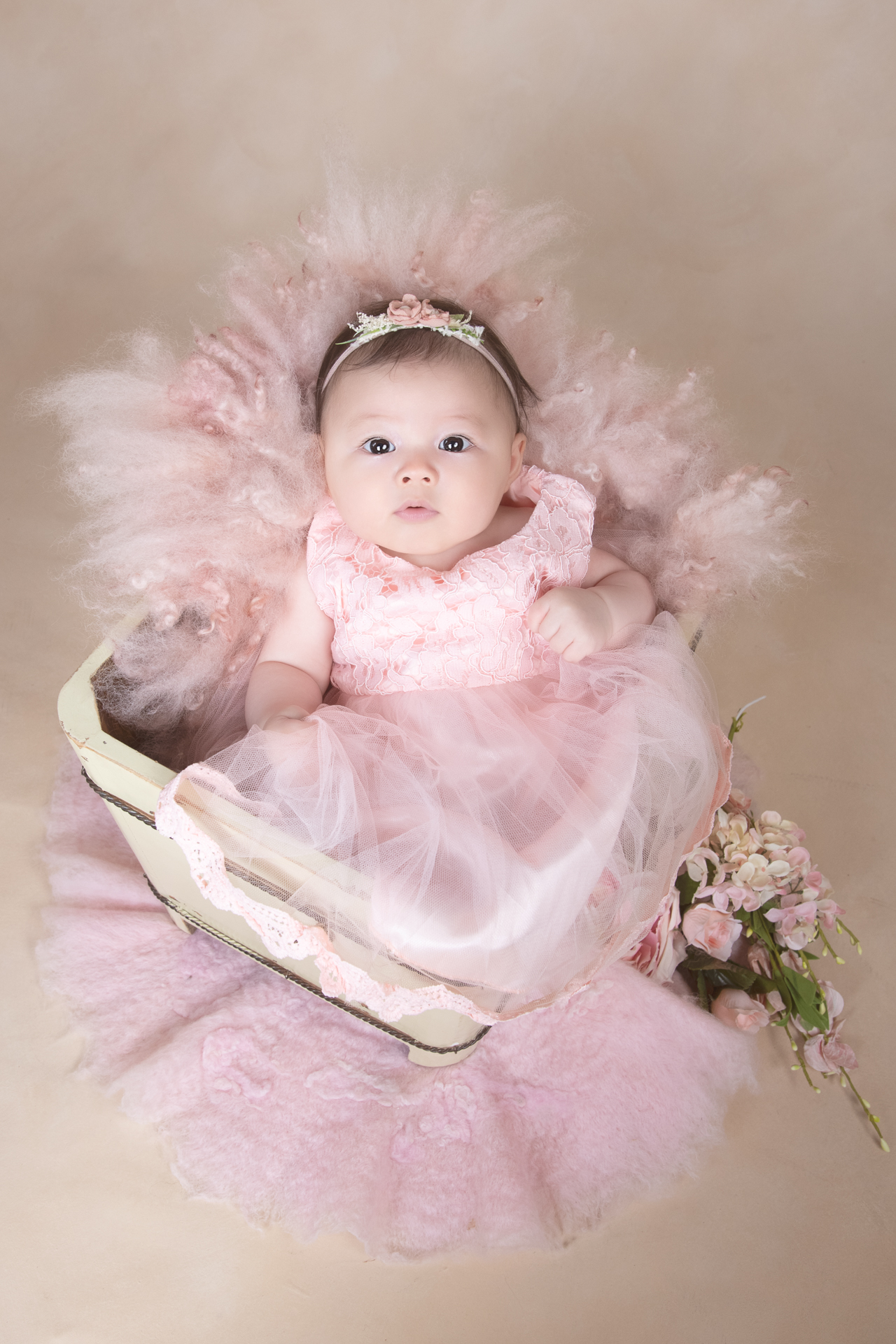 100 days old baby girl wears pink dress and headband. Flowers and fluffy carpet on the floors decorates image. Light brown backdrop.