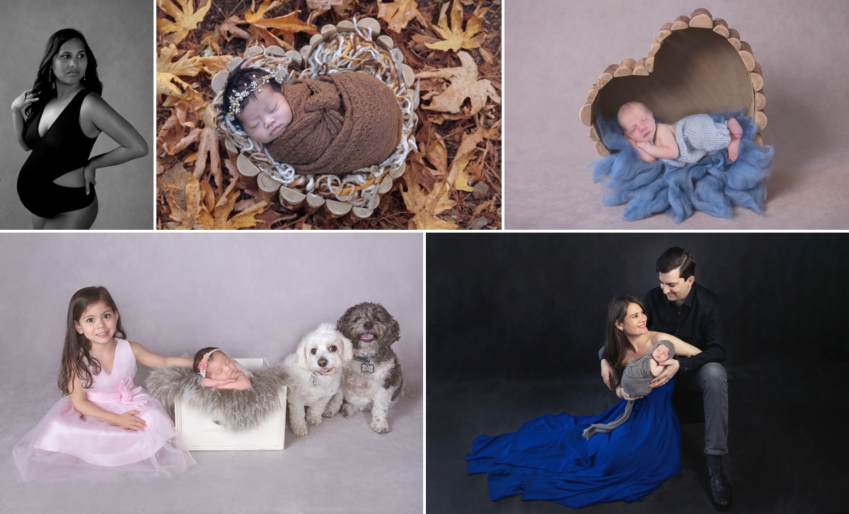 collage-newborn-outdoors-pregnancy-dogs-sibilings.jpg Collage. Pregnant woman wearing a black outfit. 2 newborns. One photo outdoors. Second photo indoors. A girl, two dogs and a her newborn sister. A couple and their newborn son.