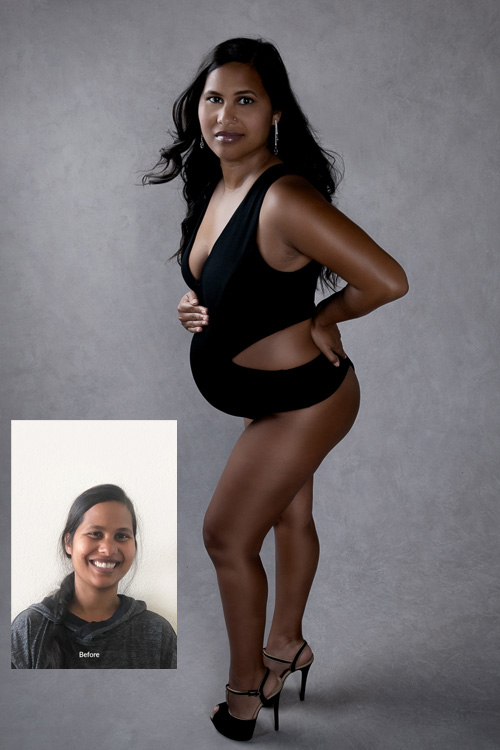 Two photos. Bigger one shows pregnant woman posing in black outfit and black high heels after make up and photo production while smaller one shows same woman before her photoshoot production.