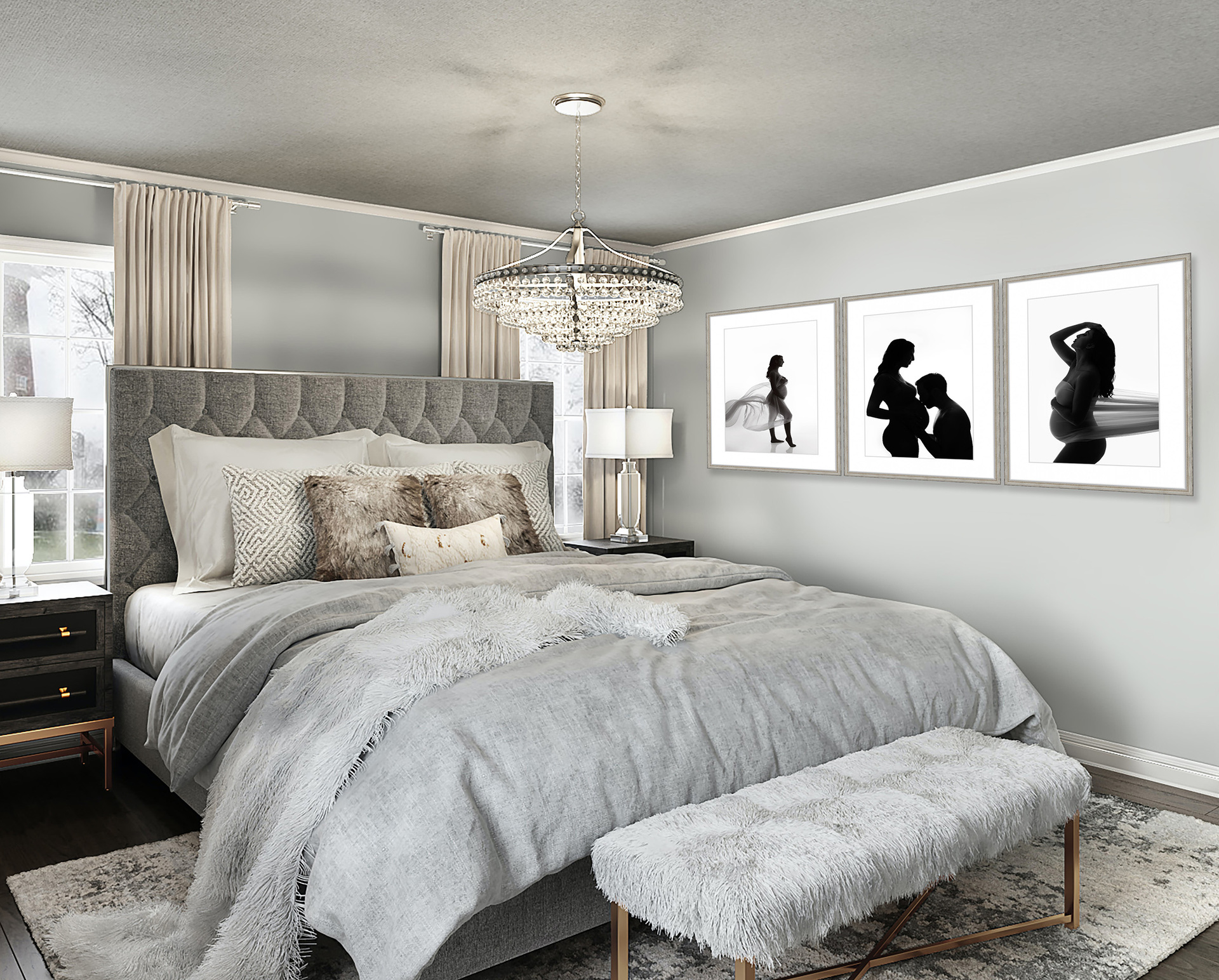 Bedroom showing three pieces of wall art couple maternity photos taken at Gaby Clark Photography