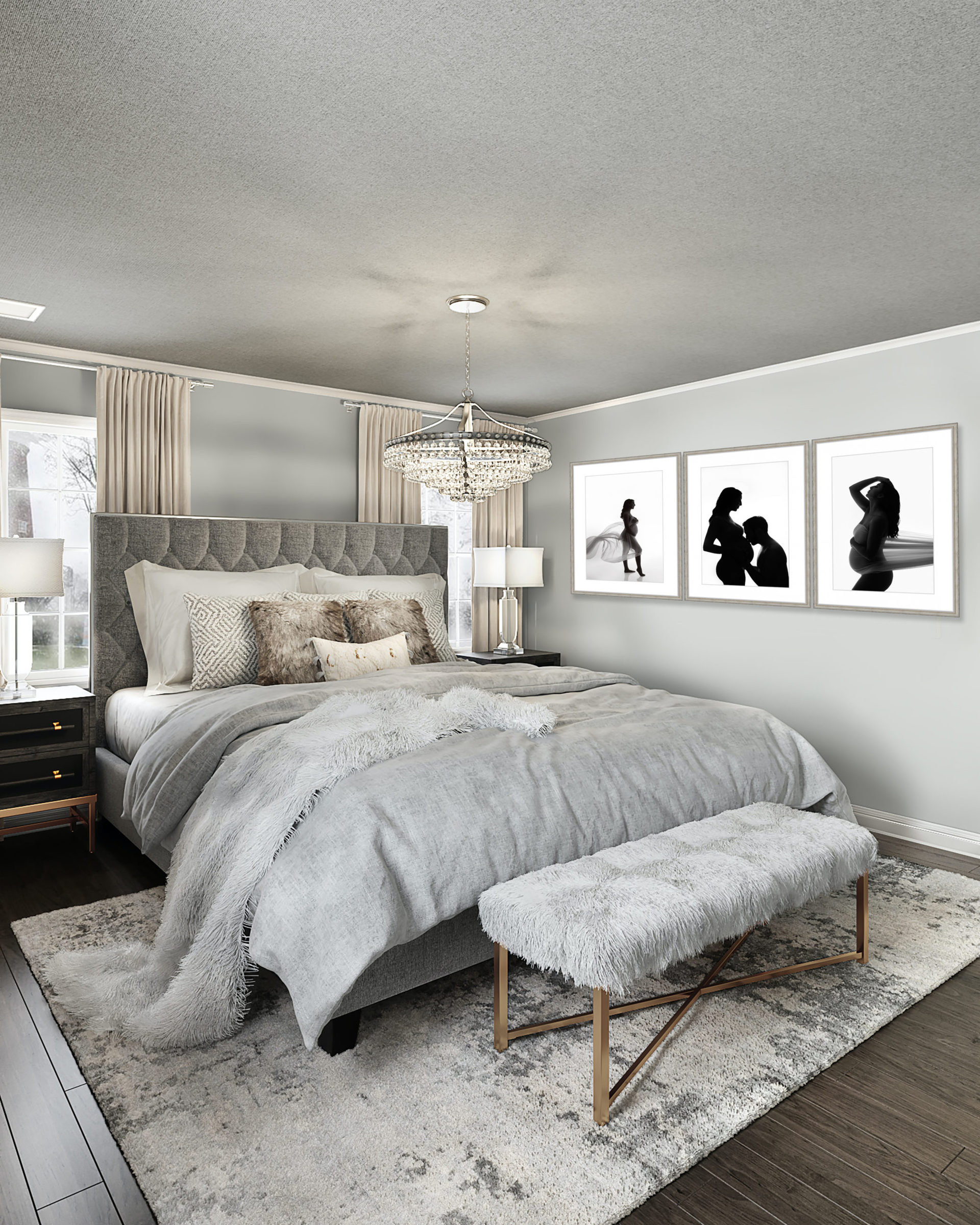 bedroom-with-final-prints.jpg Bedroom showing three pieces of wall art couple maternity photos taken at Gaby Clark Photography