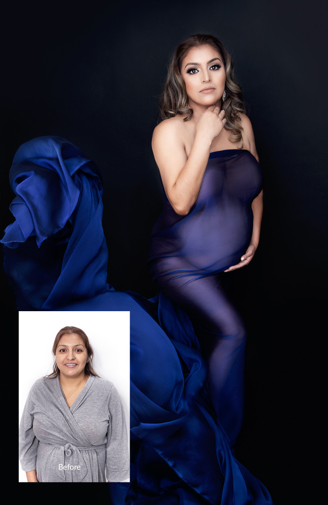 Two photos. One bigger, one smaller. Big photo shows pregnant woman in blue fabric after make up posing at Gaby Clark Photography. Small pictures shows same woman before starting photo production