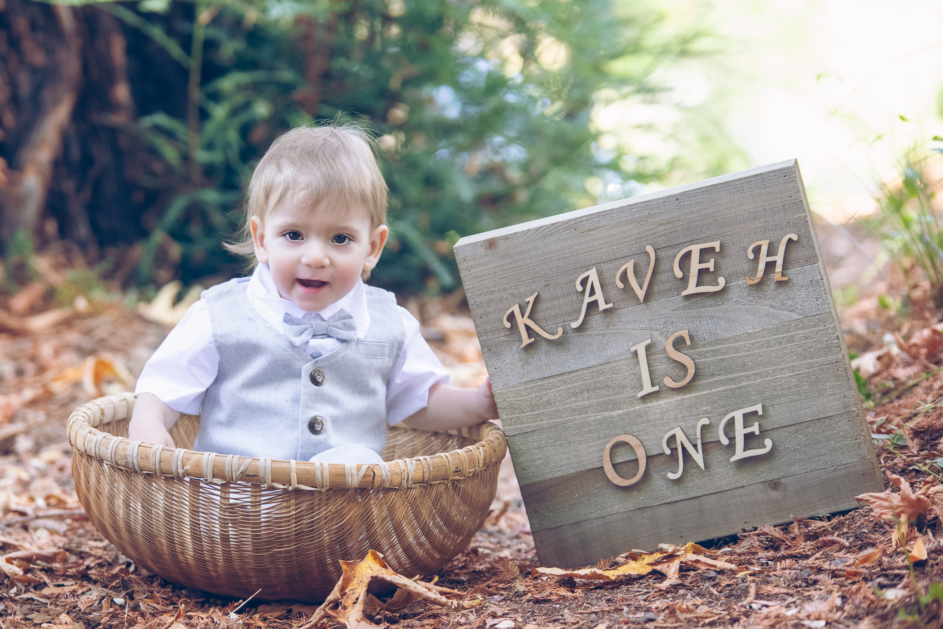 Baby boy sitting on prop outdoors during fall season holds a sign that says "Kaveh is one"