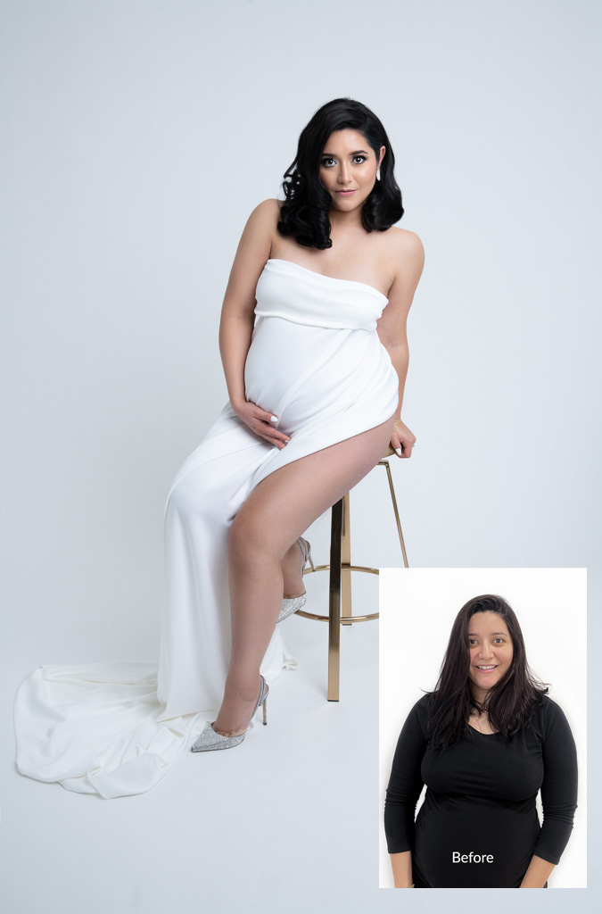 Two photos. One bigger, one smaller. Big picture shows pregnant woman in white dress posing indoors while smaller image shows woman before her photography production.