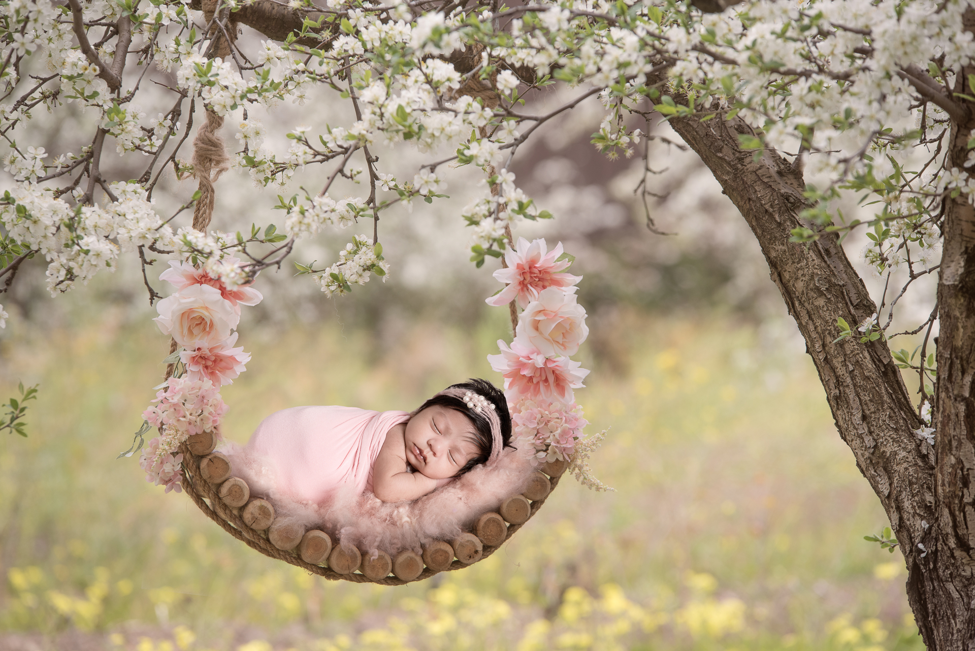 Newborn girl outdoors rests on a hamac shaped prop, which hangs from a tree branch