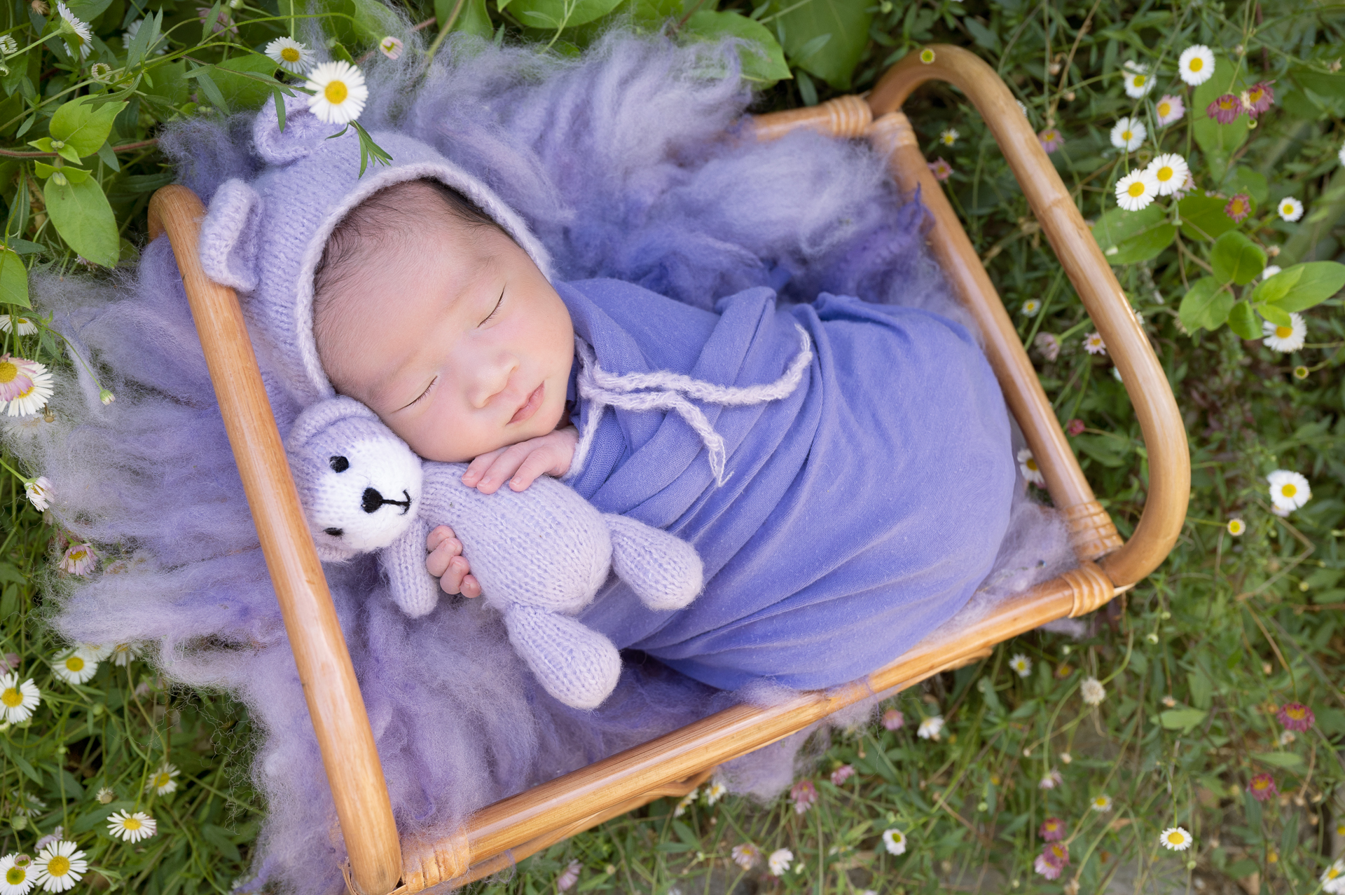 Newborn girl rests on wood prop outdoors while holding a small teddy bear with both hands. Purple hat, purple wrap.