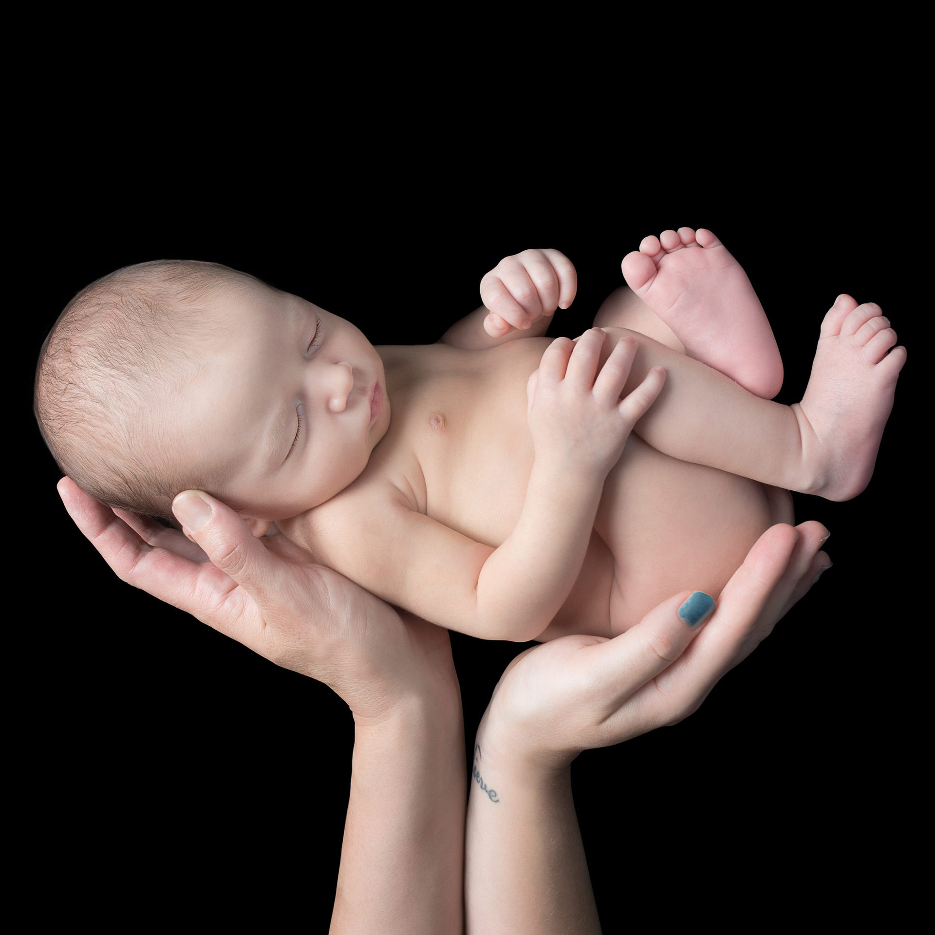 Newborn posing in parents hands