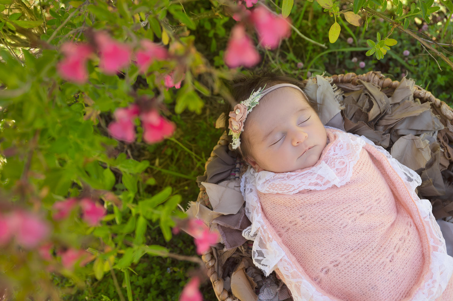 Newborn girl rests outdoors wearing pink wrap and pink and green headband. Pink flowers and grass decorating the scene.
