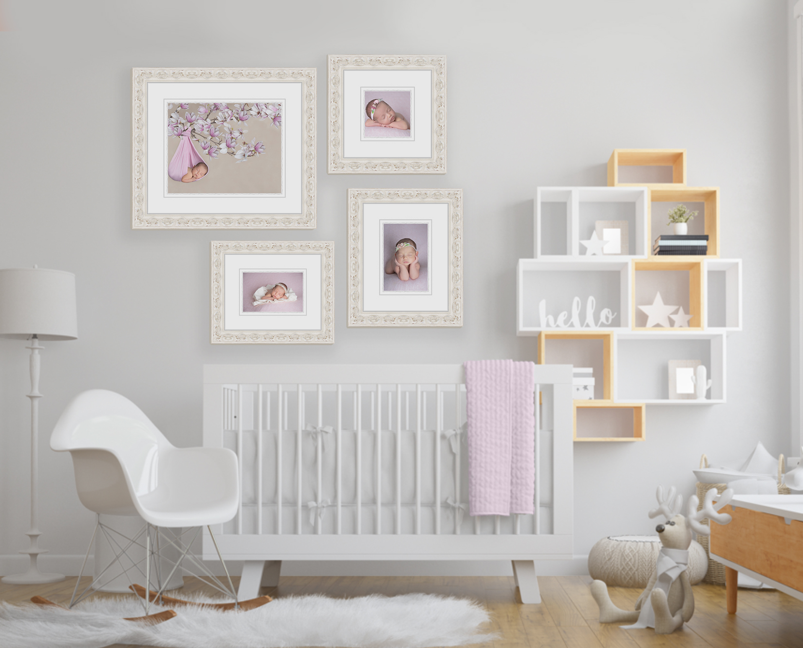 Nursery room shows 4 newborn wall art prints