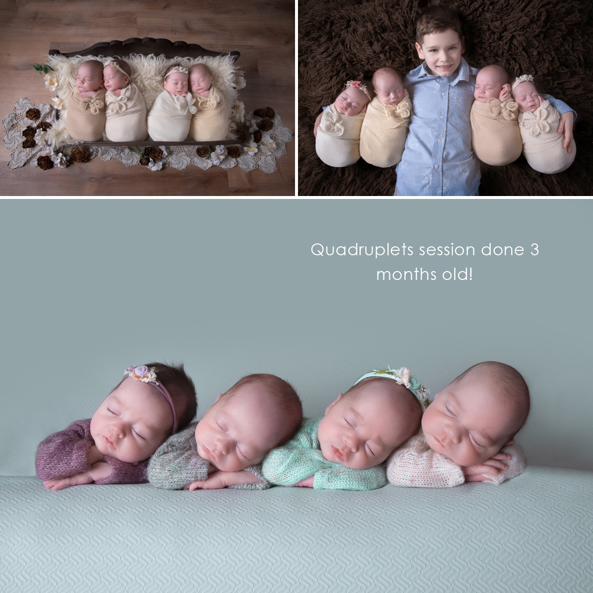 Collage of quadruples during their newborn session