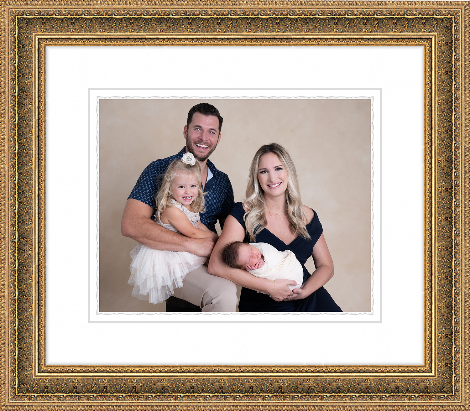 Ambrosia-Gold-PaperMat-family-photo.jpg Frame Family Portrait. Gold Frame and print with deckled edge