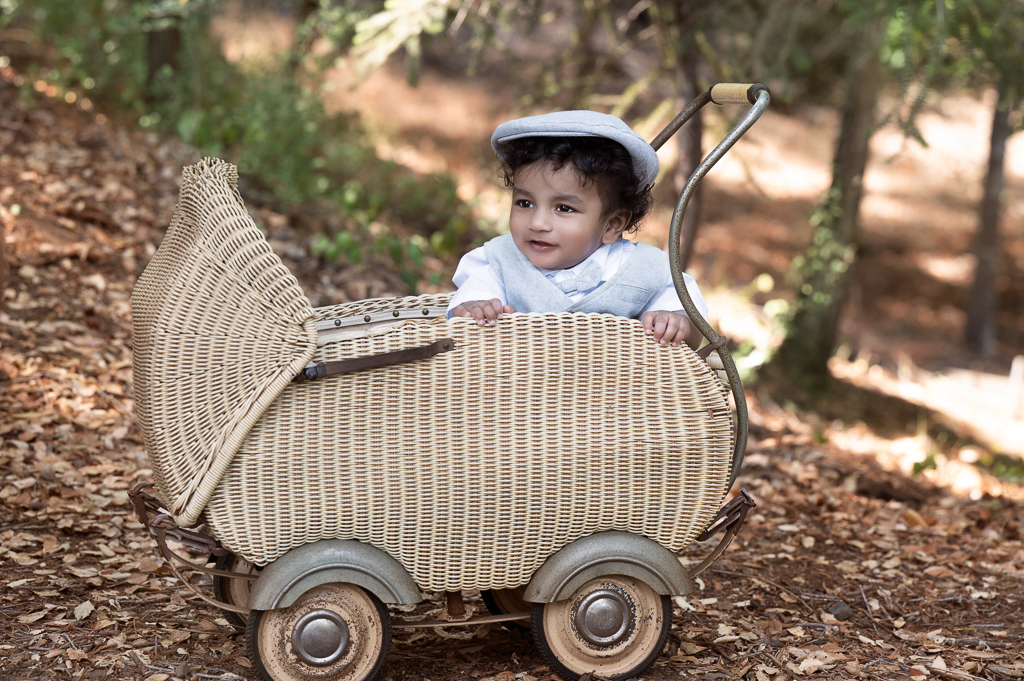 baby posing in old fashioned stroller outdoors after retouching