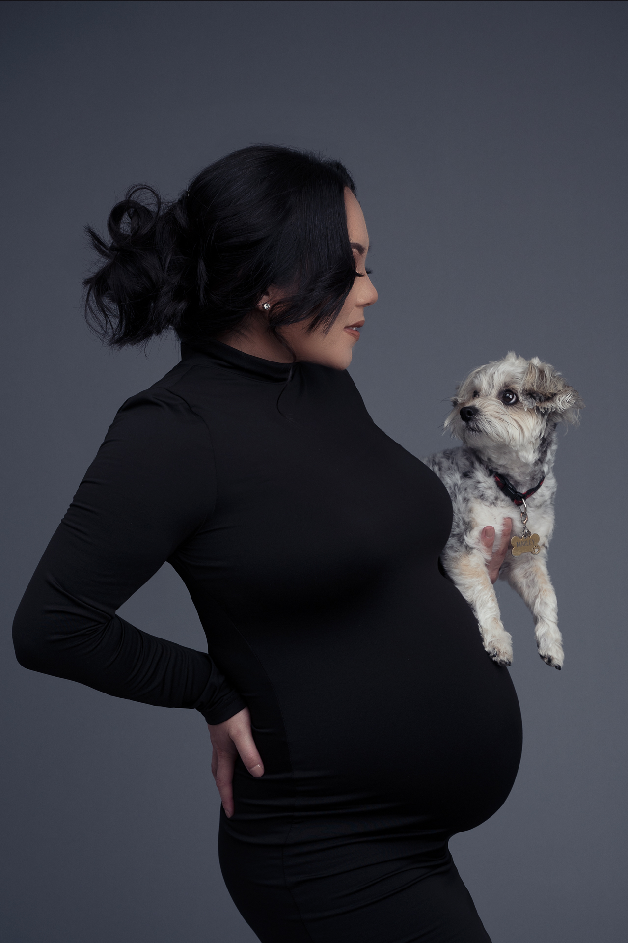pregnant woman posing with her small dog on a black dress