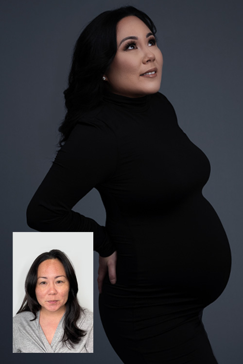 pregnant woman wears black dress, small photo shows her before the make up and photo session