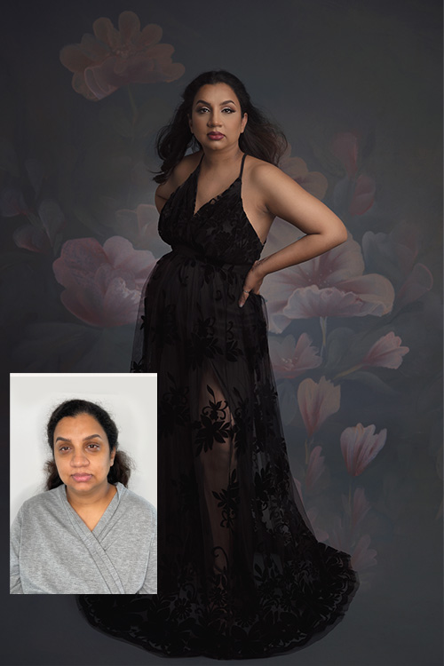 pregnant woman wearing black dress looks at the camera, small photo shows her before the photo and make up production
