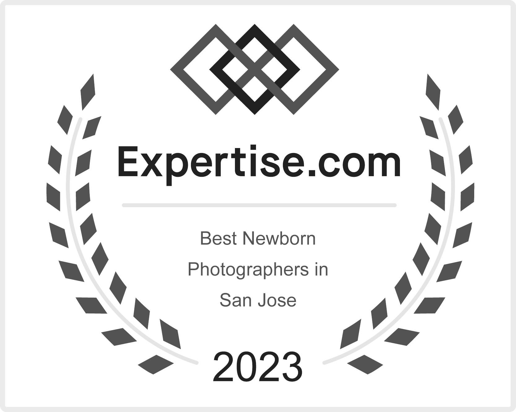Certificate with geometric logo reading Best Newborn Photographers in San Jose. Laurel wreaths beside text; dated 2023. 