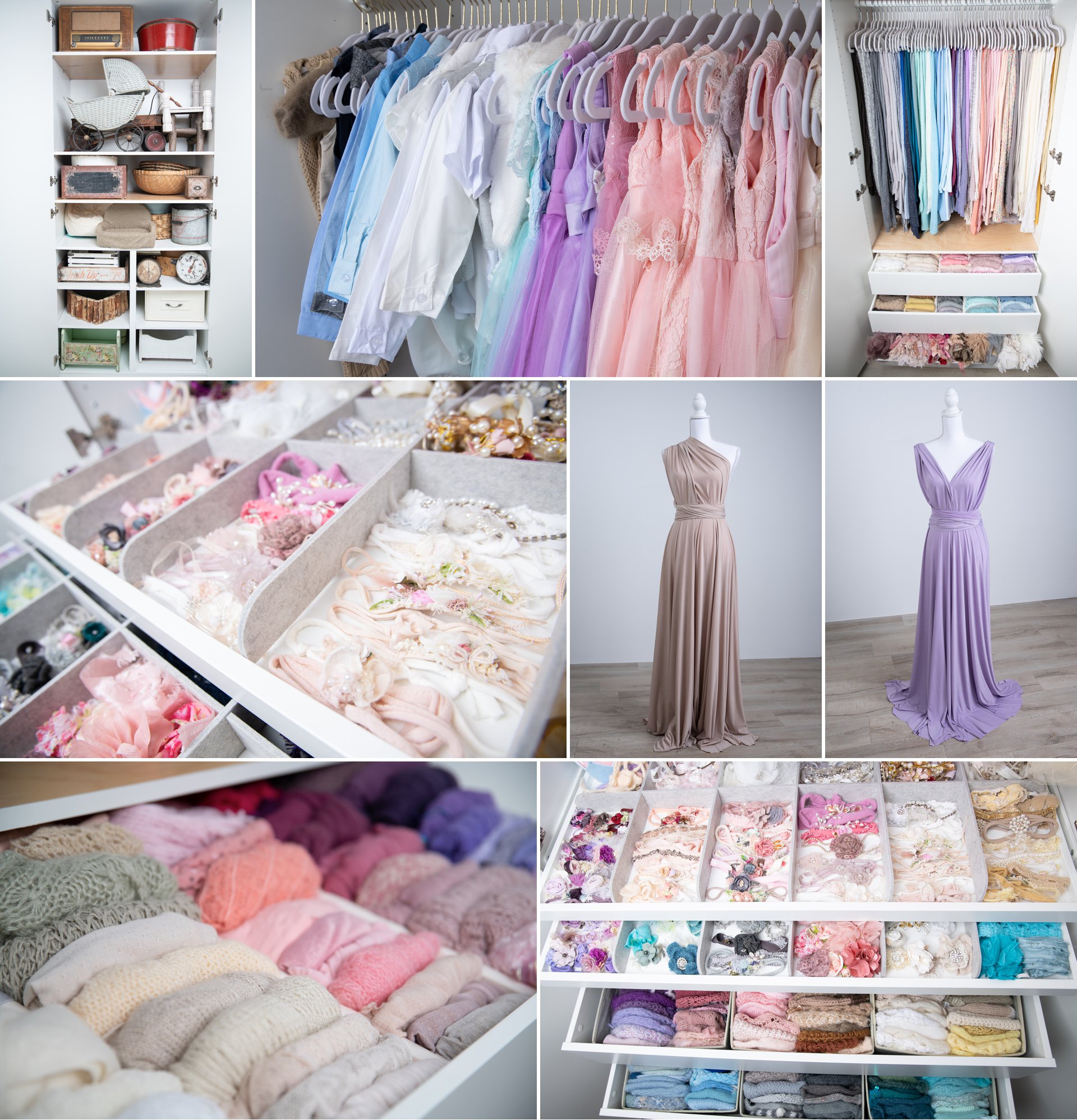 New studio 2 Studio wardrobe in the San Francisco Bay Area: neatly arranged pastel and neutral dresses, robes, and two gowns on mannequins.
