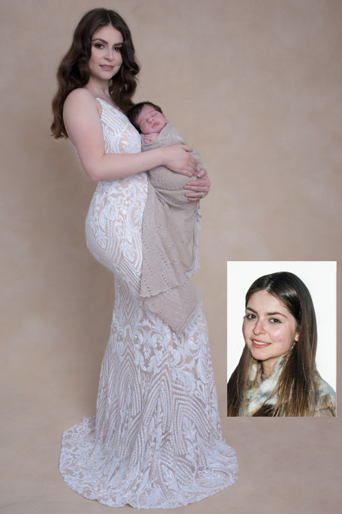 Before and after make up and styling collage.  mother in white lace dress holding a sleeping baby in a beige blanket. Insert of her before styling.