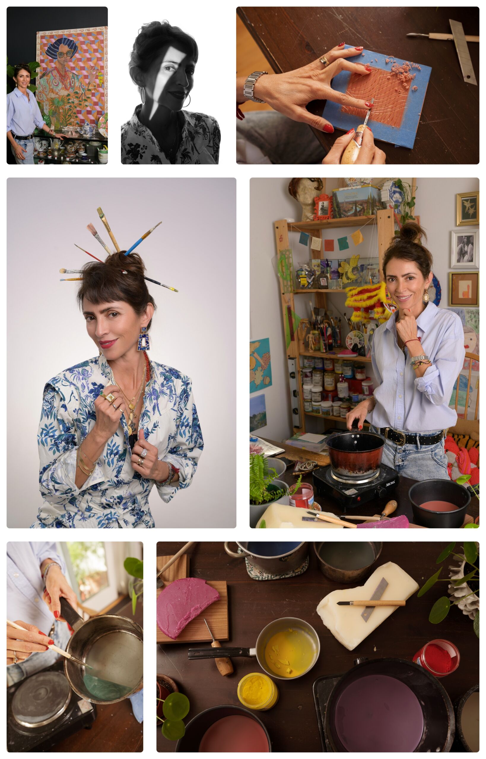 Artist Working with wax and brushes Collage showing a personal branding photography session of an artist painting, melting wax, and holding brushes in her studio.