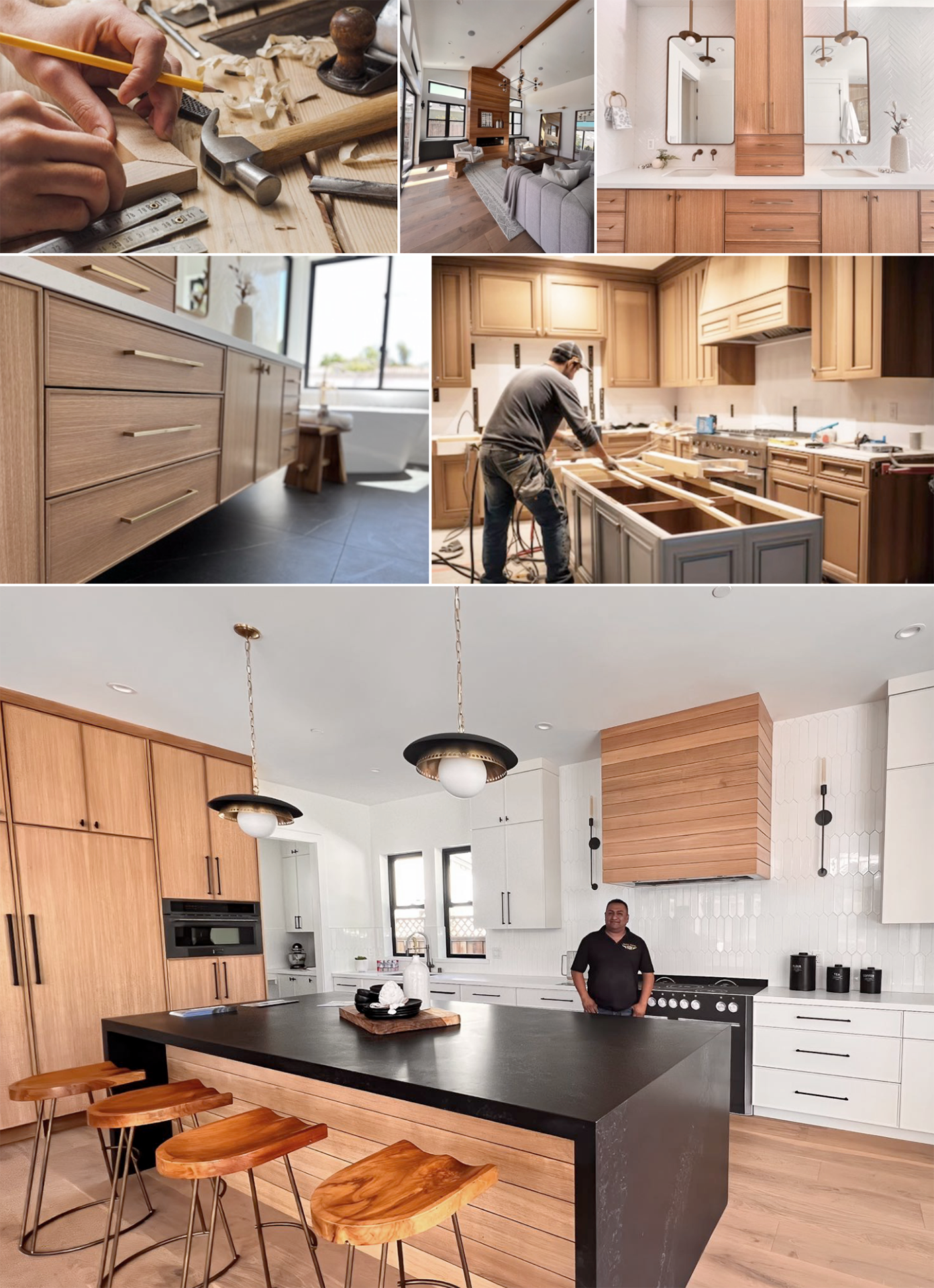 Custom woodworking in the San Francisco Bay Area: tools, carpentry in progress, wood cabinets, and stylish kitchens and bathrooms.