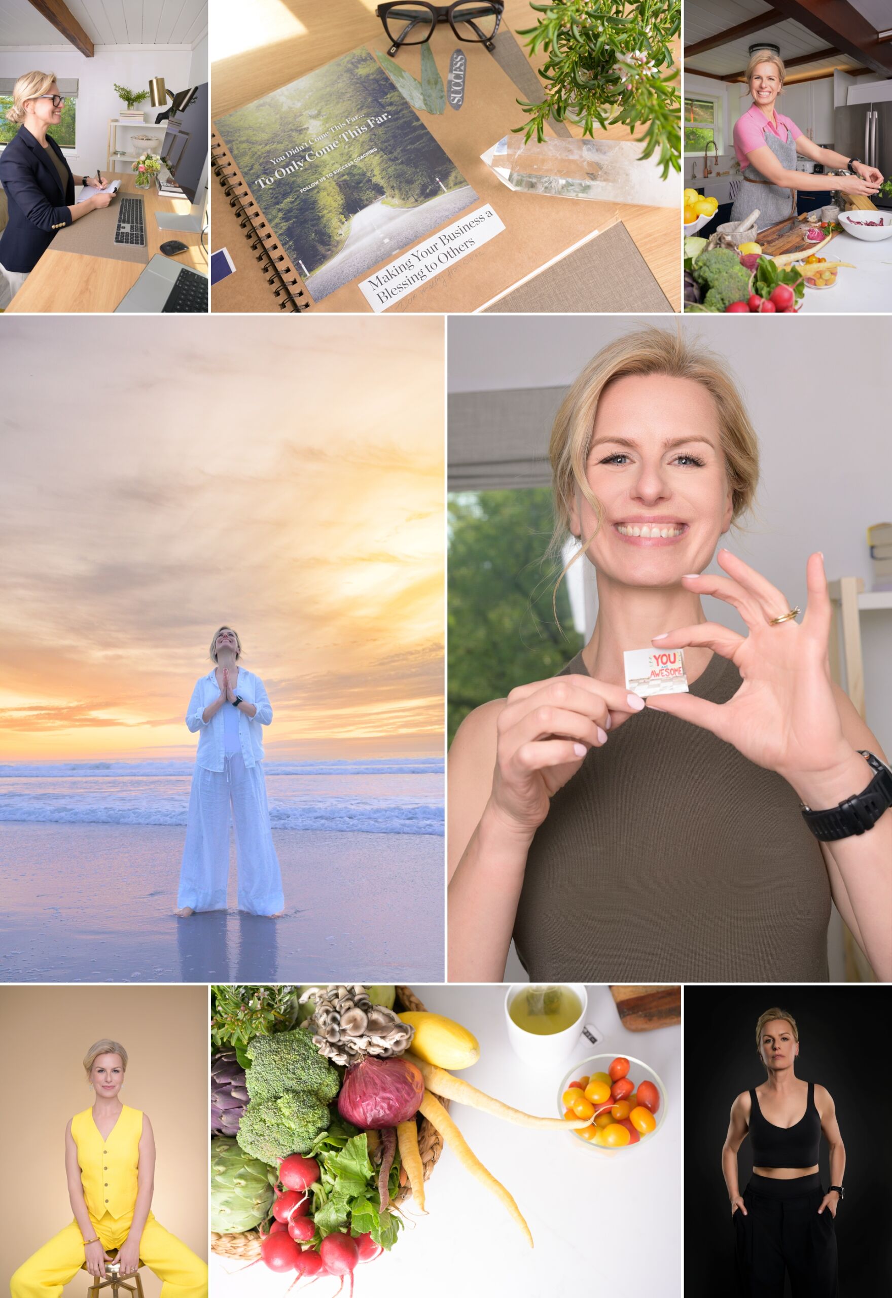 Personal branding collage: woman in Bay Area works at desk, cooks, does yoga, meditates, holds a card, with veggies and book nearby.