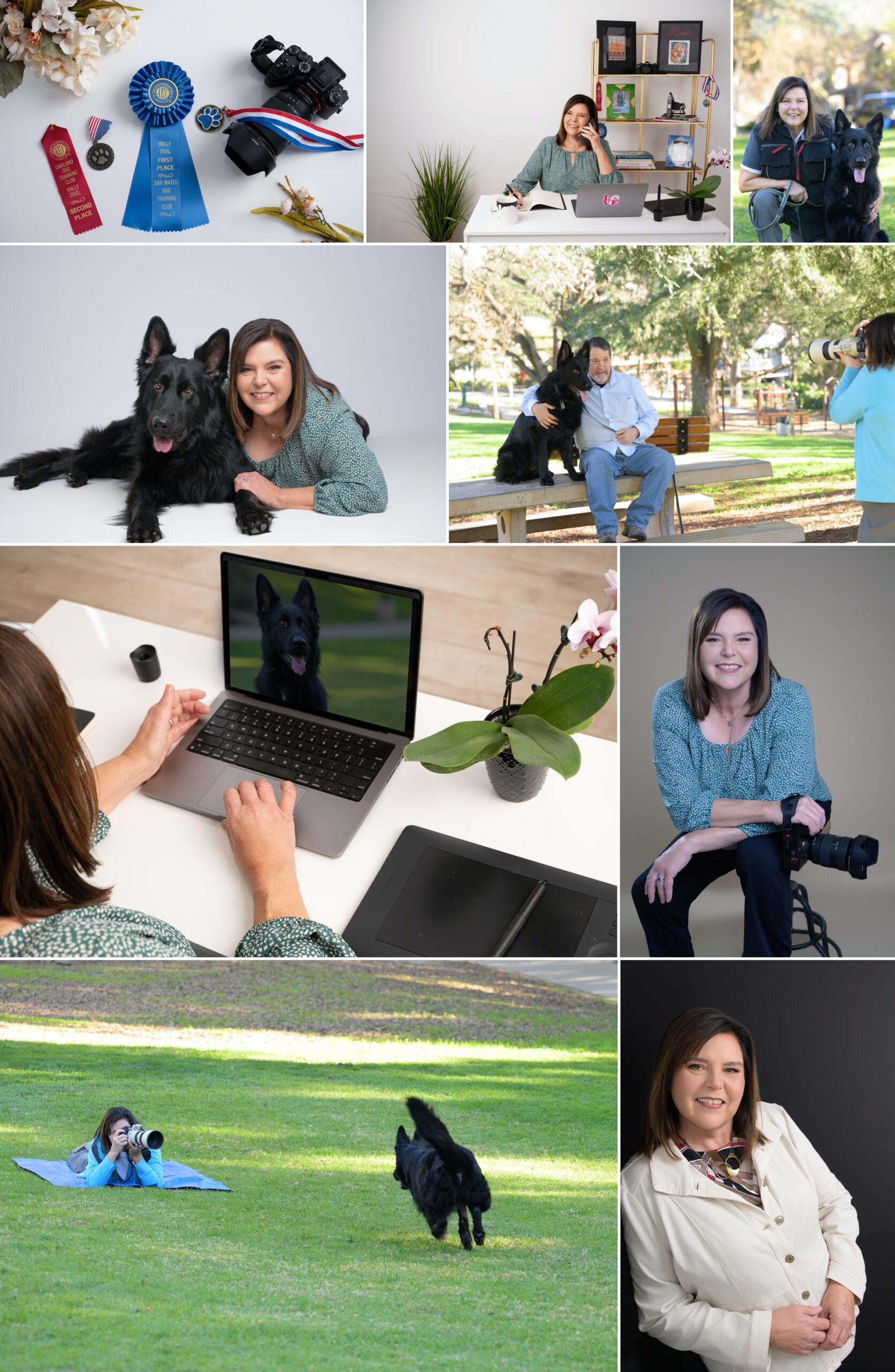 Personal branding photographer in the San Francisco Bay Area with her black dog, camera gear, award ribbons, laptop, and studio scenes.
