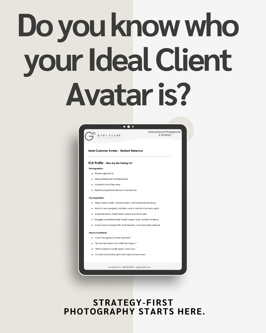 Document titled 'Ideal Client Avatar' displayed on a tablet with a neutral background part of a brand strategy photography session