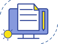 analysis-2 Personal branding concept: flat illustration of a computer with document, pencil, yellow sun, and dashed line in background.