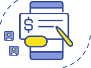 comp-app-2 Personal branding illustration: smartphone with dollar sign, check, yellow pen, two user icons, and a curved dashed line.