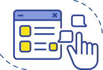 Personal branding concept: web browser window with yellow rectangles, speech bubbles, and a hand icon pointing to the bubbles.
