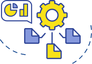 guidance-1 Personal branding data concept with a yellow gear, blue and yellow documents, and a chart in a speech bubble on light gray.