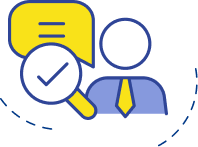ideology-1 Personal branding illustration: person in yellow tie, yellow speech bubble, magnifying glass with check mark, symbolizing verification.