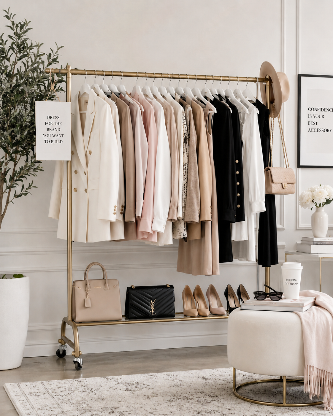 Personal branding wardrobe: gold rack with neutral blazers, shirts, dresses; heels, bags below; art and plant in background.