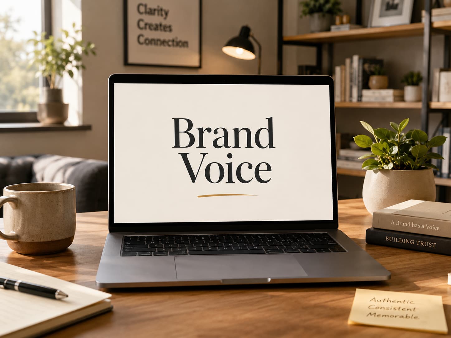 Personal branding setup: Laptop showing "Brand Voice" on wooden desk with mug, plant, books, notepad; shelves in background.