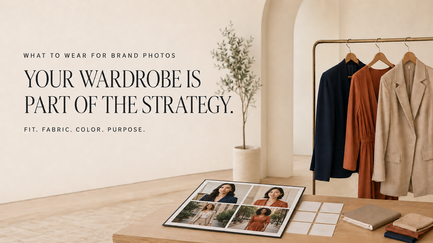 Personal branding wardrobe display in a modern San Francisco Bay Area studio; four neutral outfits hang by a table with photos of one woman in different looks.