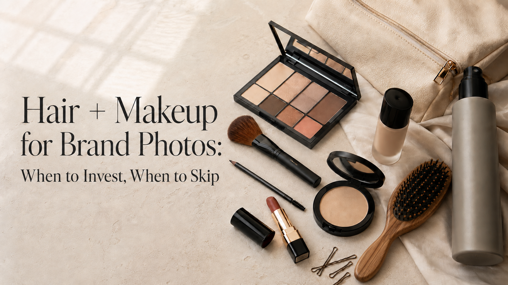 Personal branding essentials: flat lay of makeup items, brushes, brown hairbrush, beige bag, and spray bottle on a tan surface; text reads “Hair + Makeup for Brand Photos: When to Invest, When to Skip.”.