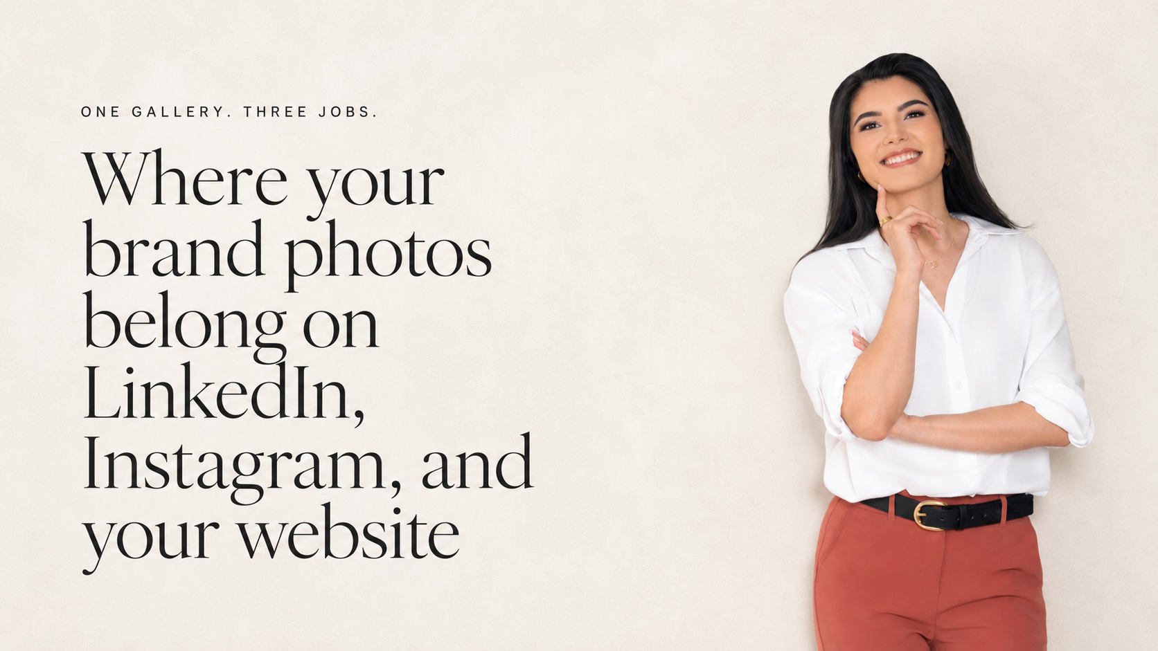 Editorial graphic with a smiling woman beside the headline about brand photos on LinkedIn, Instagram, and your website.