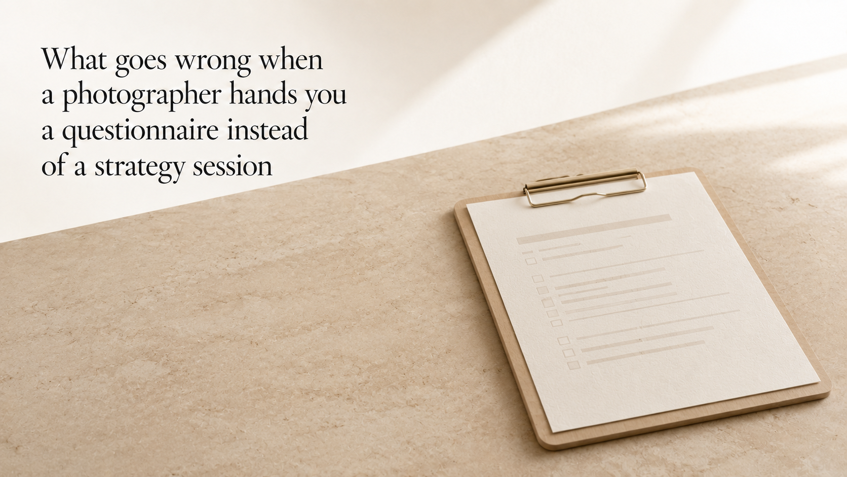 A clipboard holds a brand questionnaire beneath the headline about a photographer replacing a strategy session with a form.
