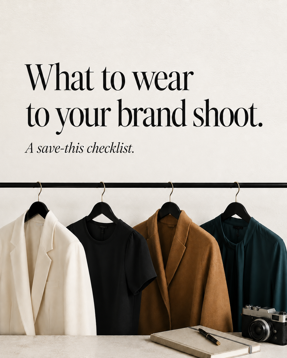 Personal branding outfits—light blazer, black shirt, brown blazer, and teal blouse—hang neatly, with a camera and notebook nearby. Text on the wall says: “What to wear to your brand shoot. A save-this checklist.”.