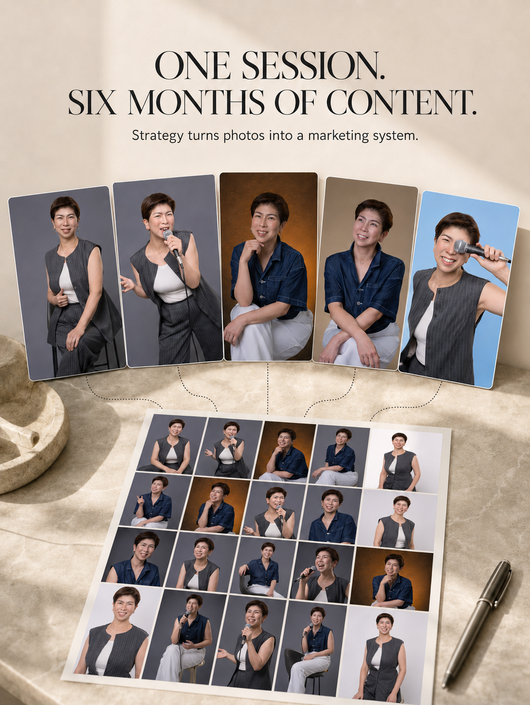 Personal branding photo collage of a woman in different outfits, with five portraits above and 20 smaller images below; text highlights marketing strategy.