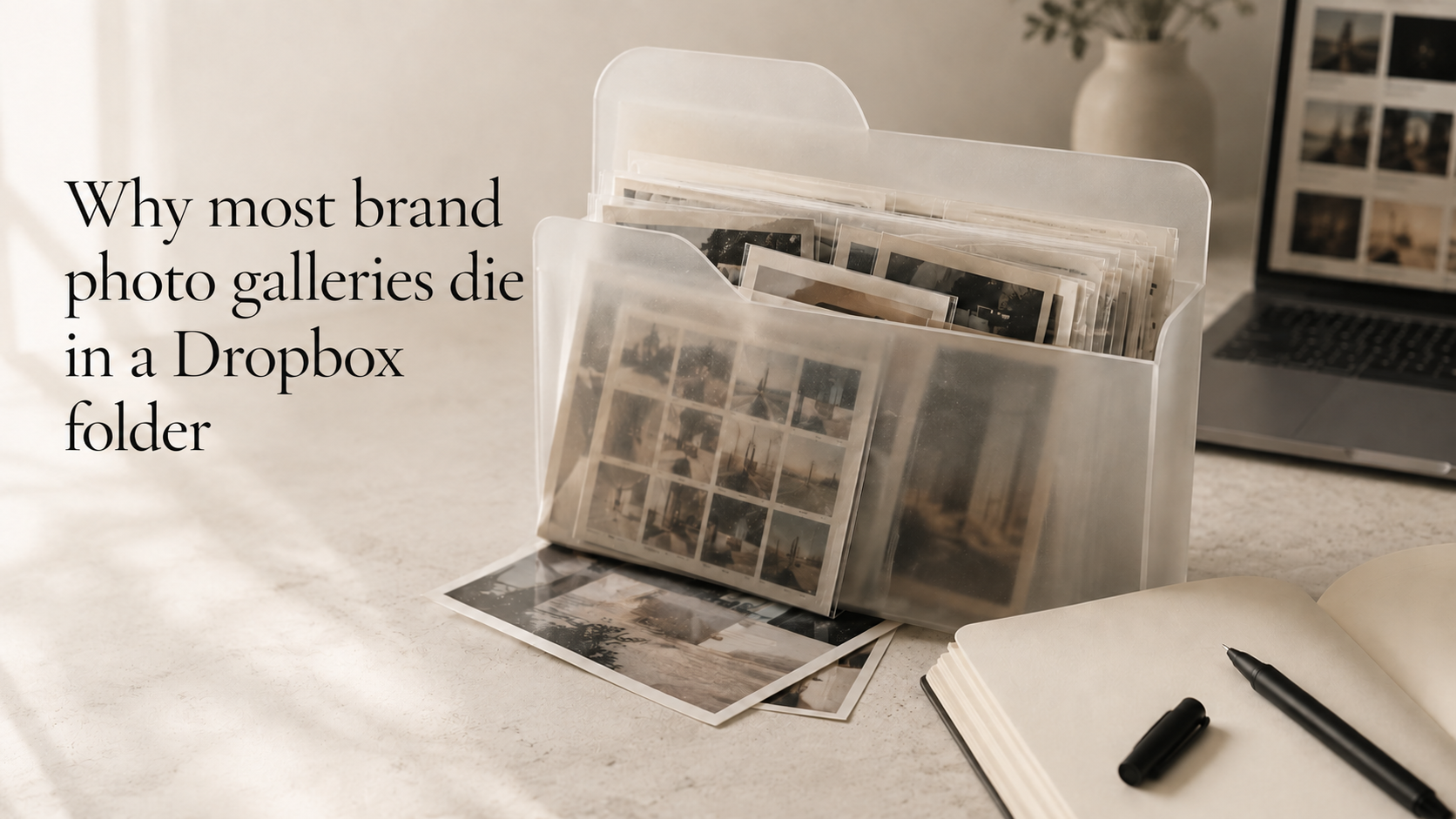 why most btand phot galleries die in a Dropox Folder Personal branding workspace with a clear photo organizer, printed photos, open notebook, laptop, and vase on a desk; text reads, Why most brand photo galleries die in a Dropbox folder.